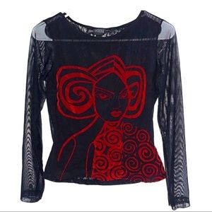 ❌SOLD OUT! DONNA long sleeve mesh overlay red velvet graphic top - Black and Red
